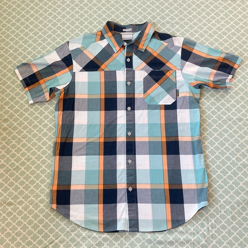 Columbia Men’s Blue Orange Plaid Regular Fit Short Sleeve Button Down S